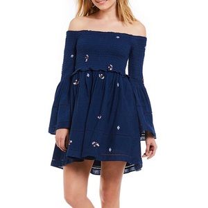 Free People ~ Blue Embroidered Off Shoulder Dress